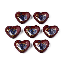 Flower Printed Opaque Acrylic Heart Beads, Coconut Brown, 16x19x8mm, Hole: 2mm(SACR-S305-28-L01)