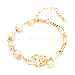 Double Heart Brass Micro Pave Cubic Zirconia Link Bracelet for Valentine's Day Gift, Wire Wrap Round Natural Pearl & Paperclip Chain Bracelet, Golden, White, 7-1/4 inch(18.3cm)(BJEW-JB07067-02)