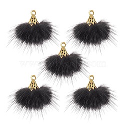 Faux Mink Fur Tassel Pendant Decorations, with Antique Golden Alloy Findings, Black, 20~30x28~30mm, Hole: 1.8mm(FIND-YW0002-24A)
