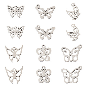 Jewelry 36Pcs 6 Style 201 Stainless Steel Pendants, Butterfly, Stainless Steel Color, 10.5~15x12~18x1mm, Hole: 1.4~1.5mm, 6pcs/style