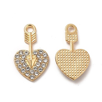 Alloy Crystal Rhinestone Pendants, Heart with Arrow Charm, Light Gold, 20.5x12x2.5mm, Hole: 2mm