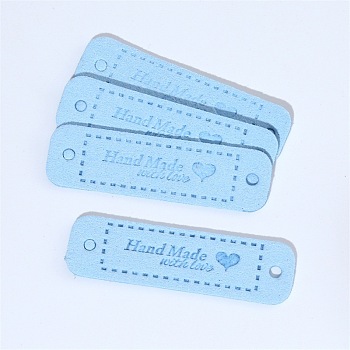 Microfiber Leather Labels, Handmade Embossed Tag, with Holes, for DIY Jeans, Bags, Shoes, Hat Accessories, Rectangle with Word Handmade, Light Sky Blue, 15x55mm