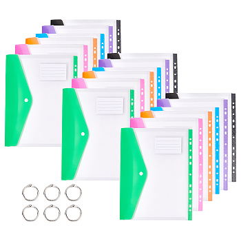 18Pcs 6 Colors PP Plastic A4 Binder Envelope Pockets, Loose Leaf Documents Pockets with Index Label Card, Horizontal, Rectangle, with 6Pcs Iron Loose Leaf Book Binder Hinged Rings, Mixed Color, Pockets: 245x310x1mm, Hole: 6mm, Rings: 31x2.5mm