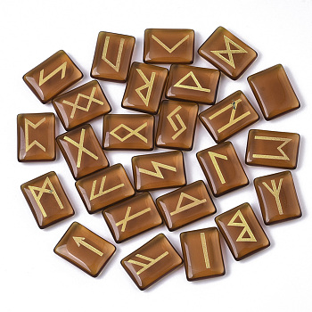 Glass Cabochons, Divination Stone, Rectangle with Runes/Futhark/Futhorc, Sienna, 20x15x5.5mm