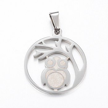 Non-Tarnish 304 Stainless Steel Pendants, Textured, Flat Round with Tree and Owl, Stainless Steel Color, 29x25x1.2mm, Hole: 4x8mm