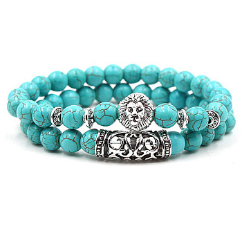 2Pcs Synthetic Turquoise Stretch Bracelet Sets for Women Men, with Tibetan Style Alloy Beads, Lion, 2pcs/set