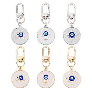 6Pcs 6 Style Alloy Enamel Turkish Blue Evil Eye Pendant Decoration, with Iron Swivel Clasps, Clip-on Charms, for Keychain, Purse, Backpack Ornament, Stitch Marker, Mixed Patterns, 6.5cm, 1pcs/style