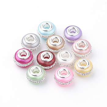Glass European Beads, with Silver Color Plated Brass Cores and Rhinestones, Large Hole Beads, Rondelle, Mixed Color, 16x10.5mm, Hole: 5mm