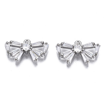 Brass Inlaid Clear Cubic Zirconia Charms, Bowknot, Platinum, 10x16.5x3mm, Hole: 1.2mm