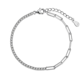 Rhodium Plated 925 Sterling Silver Pave Clear Cubic Zirconia Paperclip Chain Bracelets for Women, Real Platinum Plated, 6-3/4 inch(17cm)