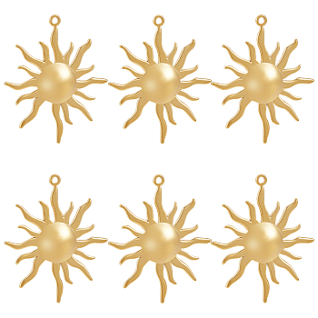 6Pcs Ion Plating(IP) 304 Stainless Steel Pendants, Sun Charms, Real 18K Gold Plated, 45x37x3.5mm, Hole: 2mm