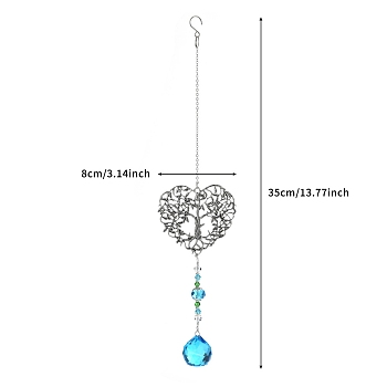 Alloy Heart with Tree of Life Hanging Ornaments, Round Glass Charm Suncatchers for Home Outdoor Decoration, Deep Sky Blue, 360mm