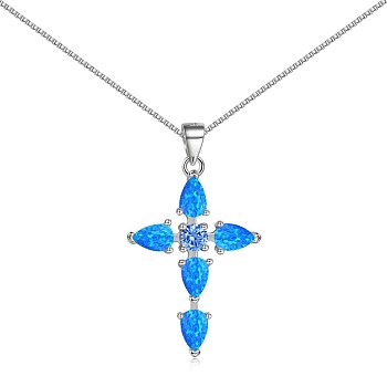Cross Rhodium Plated 925 Sterling Silver Pendant Necklaces, with Synthetic Opal, Real Platinum Plated, 15.94 inch(40.5cm)