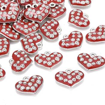 Alloy Enamel Pendants, Cadmium Free & Lead Free, with Rhinestone, Platinum, Heart, Red, Great For Mother's Day Gifts Making, about 18mm wide, 15mm long, 5mm thick, hole: 2mm