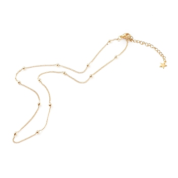 Brass Curb Chain Necklaces, with Round Beads and 304 Stainless Steel Lobster Claw Clasps, Golden, 17.72 inch(45cm)
