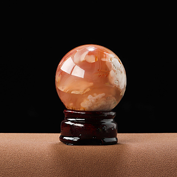 Natural Cherry Blossom Agate Ball Display Decorations(Excluding Wooden Base), Gemstone Sphere, 32~38mm