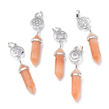 Natural Red Aventurine Pointed Big Pendants, Double Terminated Pointed, with Platinum Plated Brass Findings, Faceted, Bullet, 59~67x14~15mm, Hole: 7x5mm, Gemstone: 41~44x8mm