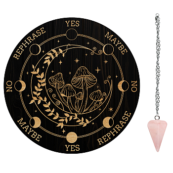 AHADEMAKER 1Pc Cone/Spike/Pendulum Natural Rose Quartz Stone Pendants, 1Pc 304 Stainless Steel Cable Chain Necklaces, 1Pc PVC Custom Pendulum Board, Dowsing Divination Board, Mushroom Pattern, 3pcs/set