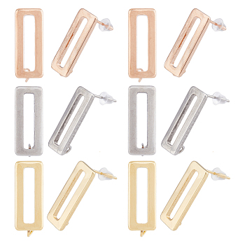 18Pcs 3 Color 201 Stainless Steel Stud Earring Findings, with Vertical Loop and 316 Stainless Steel Pin, Rectangle, Mixed Color, 22x8mm, Hole: 1mm, Pin: 0.7mm, 6Pcs/color