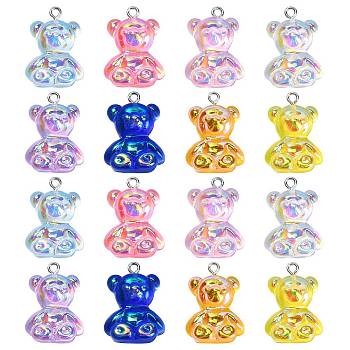 40Pcs 8 Colors Electroplated Resin Pendants, Bear Charms, with Platinum Plated Iron Loops, Mixed Color, 25~26x18x8~9mm, Hole: 2mm, 5pcs/color