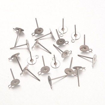 316 Surgical Stainless Steel Stud Earring Settings, with Loop, Stainless Steel Color, 12.5mm, Hole: 1mm, Pin: 0.7mm, Tray: 6x8.5mm