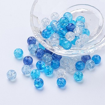 Baking Painted Crackle Glass Beads, Carribean Blue Mix, Round, Mixed Color, 8~8.5x7.5~8mm, Hole: 1mm, about 100pcs/bag
