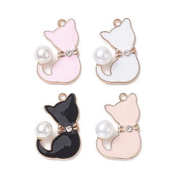 Alloy Enamel Pendants, with ABS Plastic Imitation Pearls and Crystal Rhinestone, Light Gold, Cat Charm, Lead Free & Cadmium Free, Mixed Color, 29x19.5x8.5mm, Hole: 1.8mm