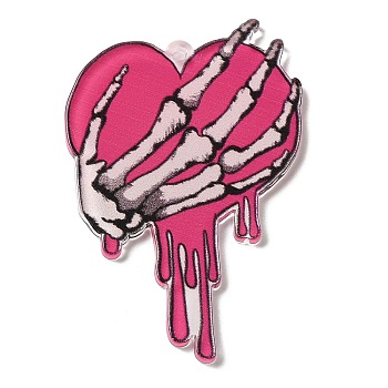 Printed Acrylic Pendants, Valentine's Day, Heart with Skeleton Hand charms, Deep Pink, 44x30.5x2.5mm, Hole: 1.6mm