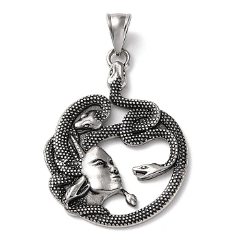Ion Plating(IP) 304 Stainless Steel Pendants, Medusa Charm, Antique Silver, 47x34.5x3mm, Hole: 4.5x8mm