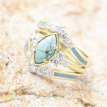 3Pcs Horse Eye Alloy & Crystal Rhinestone & Synthetic Turquoise Finger Rings, Stackable Rings, Golden, US Size 8(18.1mm)