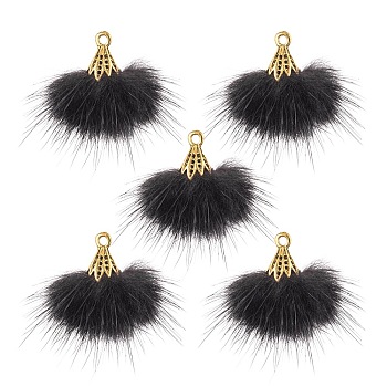 Faux Mink Fur Tassel Pendant Decorations, with Antique Golden Alloy Findings, Black, 20~30x28~30mm, Hole: 1.8mm