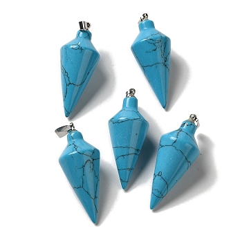 Synthetic Turquoise Pendants, Cone Charms with Rack Plating Platinum Plated Brass Snap on Bails, 36~36.5x15~15.5mm, Hole: 5~6.5x2mm
