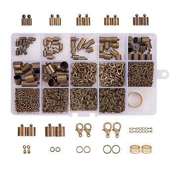 PandaHall Elite Jewelry Finding Sets, with Iron Jump Rings, Zinc Alloy Lobster Claw Clasps, Alloy End Piece, Iron End Chains, Brass Cord Ends and Assistant Buckling Tool, Antique Bronze, 5~50x5~10x0.7~10mm
