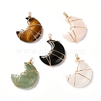 Natural Mixed Stone Pendants, Moon, with Real 18K Gold Plated Eco-Friendly Copper Findings, 44x35x10mm, Hole: 1.6~3mm(PALLOY-JF00855)