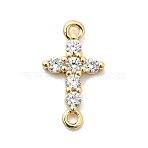 Brass Pave Clear Cubic Zirconia Connector Charms, Religion Cross Links, Long-Lasting Plated, Rack Plating, Lead Free & Cadmium Free, Real 18K Gold Plated, 17x9.5x2.5mm, Hole: 1.4mm(KK-H529-39B-G)
