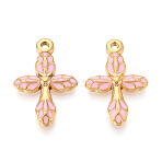 304 Stainless Steel Enamel Pendants, Cross Charms, Ion Plating(IP), Real 18K Gold Plated, Pink, 25.5x17x3.5mm, Hole: 1.6mm(STAS-N124-18G)
