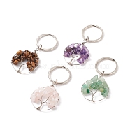 Iron Keychain, with Gemstone Chip Beads, Round Ring with Tree of Life, 7.8cm(KEYC-JKC00354)