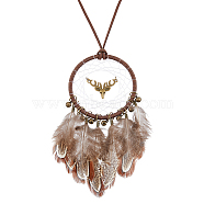Woven Net/Web with Feather Pendant Decoration, Brass Bell & Deer Charm Wall Hanging Decoration, for Home Bedroom Car Ornaments Birthday Gift, Antique Bronze, 476mm, 1pc/box(HJEW-FH0001-32)