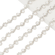 AHADERMAKER 1 Yard Crystal Rhinestone Cup Chains with Plastic Pearl Beaded, Brass Twist Wave Strass Chains, for Wedding Dress, Platinum & Silver, 12x5mm(DIY-GA0005-72)