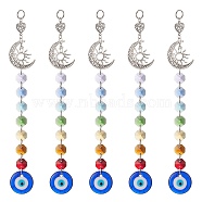 Handmade Lampwork Evil Eye Pendants Decorations, with Chakra Octagon Glass Link and Moon/Sun Alloy Pendants, Colorful, 235x37x7.5mm(HJEW-JM00943)