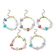 Flower & Butterfly Glass Beaded Bracelet with 304 Stainless Steel Clasps, Mixed Color, 7-3/8 inch(18.6cm)(BJEW-JB09585)