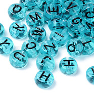Transparent Acrylic Beads, Horizontal Hole, Flat Round with Random Letters, Sky Blue, 7x3.5mm, Hole: 1.8mm, about 3600~3700pcs/500g(TACR-S150-03A-02)