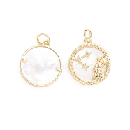 Brass Micro Pave Cubic Zirconia Pendants, with Natural Shell and Jump Ring, Flat Round with Twelve Constellations, Golden, Aquarius, 17.5x15x2.5mm, Hole: 3.5mm(ZIRC-E164-36L-G)