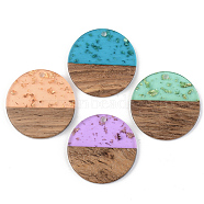 Transparent Resin & Walnut Wood Pendants, with Gold Foil, Flat Round, Mixed Color, 28x3mm, Hole: 2mm(RESI-S389-025A-B)