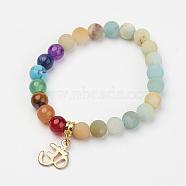 Amazonite Beaded Stretch Bracelets, Gemstone Beaded Charm Bracelets, with Alloy Findings, Frosted, Om Symbol, 2 inch(50~53mm)(BJEW-P065-A-01)