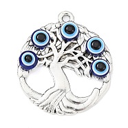 Alloy Pendants, Tree of Life with Resin Evil Eye Charms, Antique Silver, Flat Round, 34x30x4.5mm, Hole: 2.5mm(PALLOY-JF02405-01)