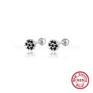 Rhodium Plated Platinum 925 Sterling Silver Flower Stud Earrings, with Cubic Zirconia, Black, 5mm(TL5591-3)
