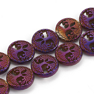Electroplate Non-magnetic Synthetic Hematite Beads Strands, Flat Round with Tree of Life, Purple Plated, 12~12.5x4~4.5mm, Hole: 1mm, about 30pcs/strand, 14.56 inch(G-N0322-03A)