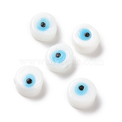 Handmade Evil Eye Lampwork Beads, Flat Round, White, 11.5~12x5.5mm, Hole: 1~1.2mm(LAMP-E026-02H)