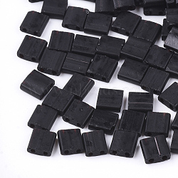 2-Hole Opaque Glass Seed Beads, Frosted, Rectangle, Black, 5x4.5~5.5x2~2.5mm, Hole: 0.5~0.8mm(SEED-S023-09E)